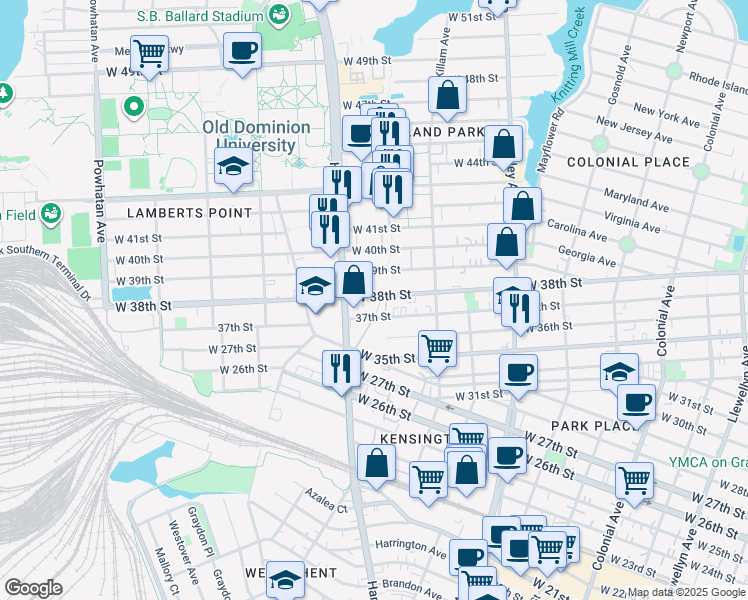 map of restaurants, bars, coffee shops, grocery stores, and more near 1049 37th Street in Norfolk