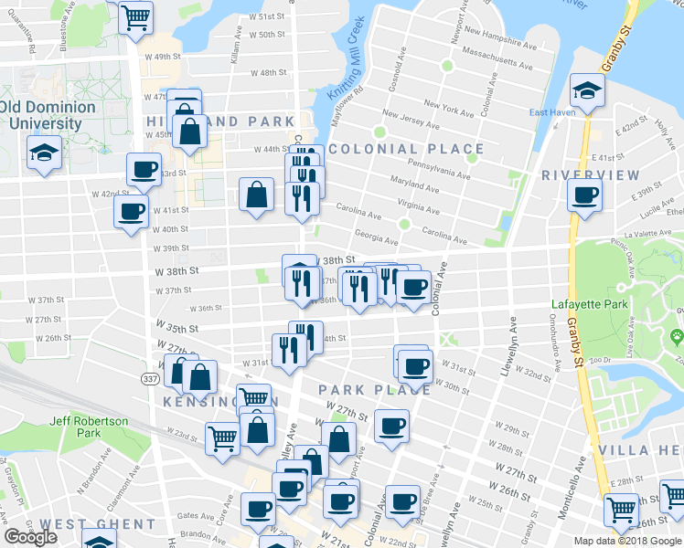 map of restaurants, bars, coffee shops, grocery stores, and more near 3701 Gosnold Avenue in Norfolk