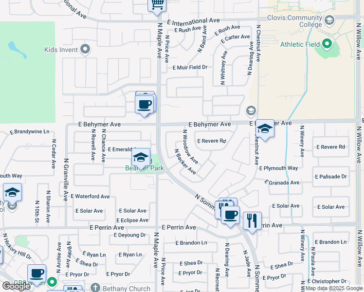 map of restaurants, bars, coffee shops, grocery stores, and more near 9869 North Woodrow Avenue in Fresno