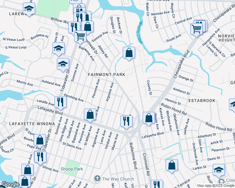 map of restaurants, bars, coffee shops, grocery stores, and more near 3400 Lens Avenue in Norfolk