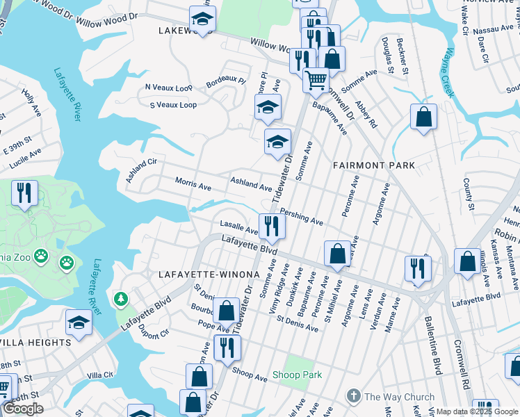 map of restaurants, bars, coffee shops, grocery stores, and more near 3327 Clark Circle in Norfolk