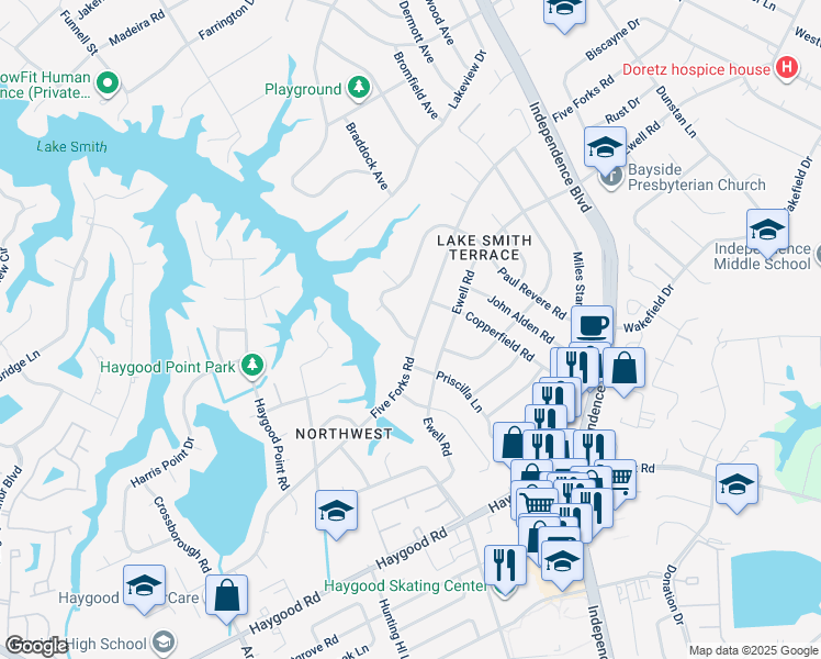 map of restaurants, bars, coffee shops, grocery stores, and more near 1100 West Revere Point Road in Virginia Beach