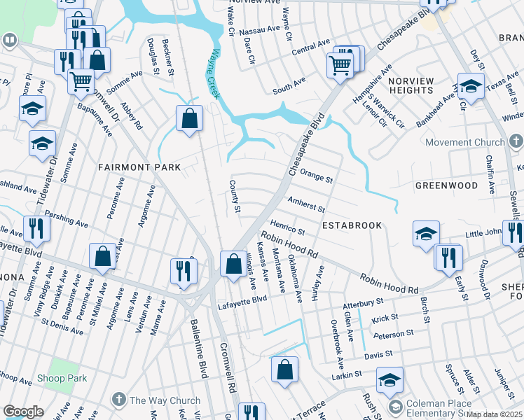 map of restaurants, bars, coffee shops, grocery stores, and more near 3411 Chesapeake Boulevard in Norfolk