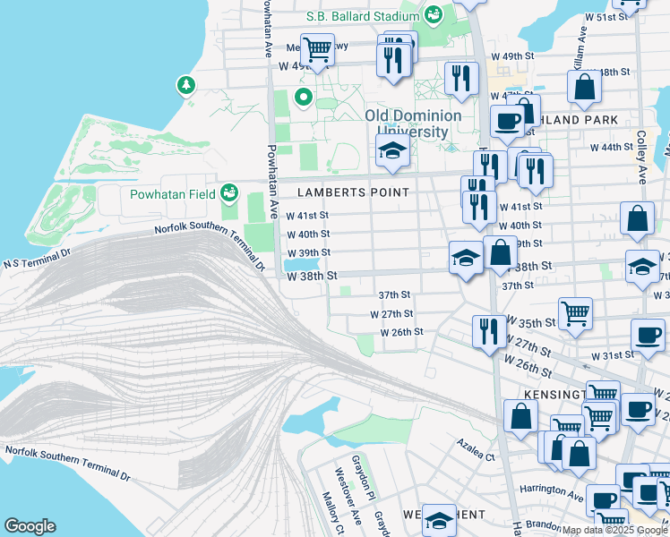 map of restaurants, bars, coffee shops, grocery stores, and more near 1437 West 38th Street in Norfolk