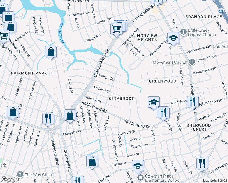 map of restaurants, bars, coffee shops, grocery stores, and more near 3710 Nottaway Street in Norfolk