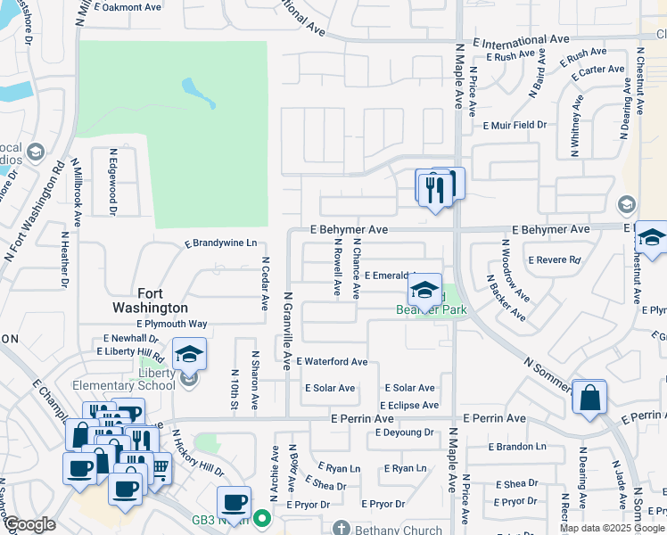 map of restaurants, bars, coffee shops, grocery stores, and more near 1649 East Revere Road in Fresno
