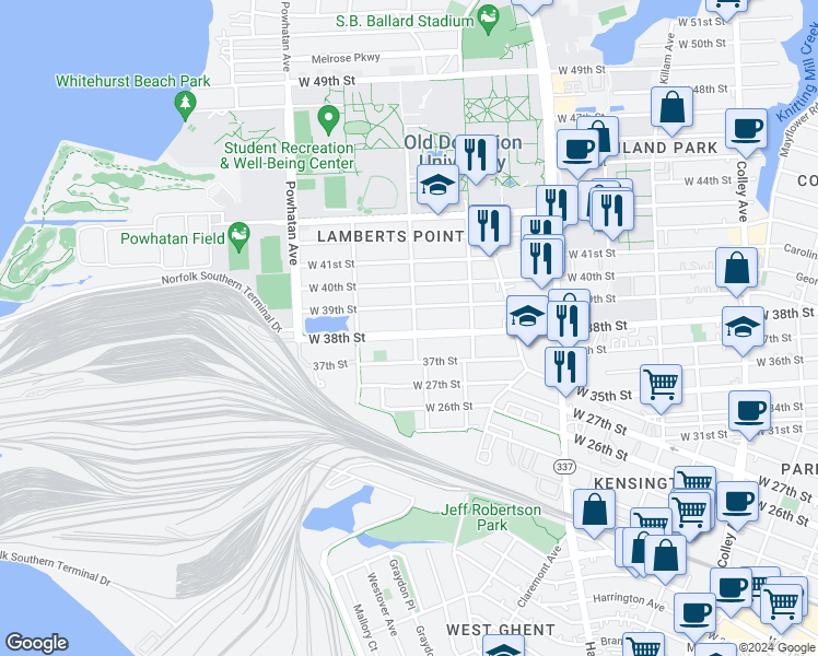 map of restaurants, bars, coffee shops, grocery stores, and more near 3801 Elkhorn Avenue in Norfolk