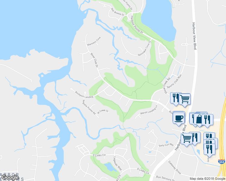 map of restaurants, bars, coffee shops, grocery stores, and more near 5100 Brookstone Way in Suffolk