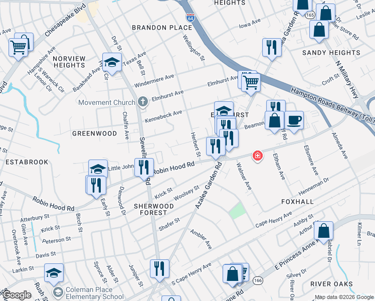 map of restaurants, bars, coffee shops, grocery stores, and more near 4864 Robin Hood Road in Norfolk