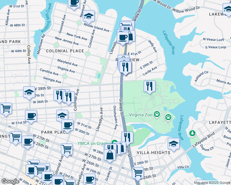 map of restaurants, bars, coffee shops, grocery stores, and more near 3509 Granby Street in Norfolk