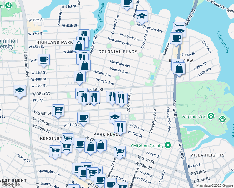 map of restaurants, bars, coffee shops, grocery stores, and more near 536 West 36th Street in Norfolk