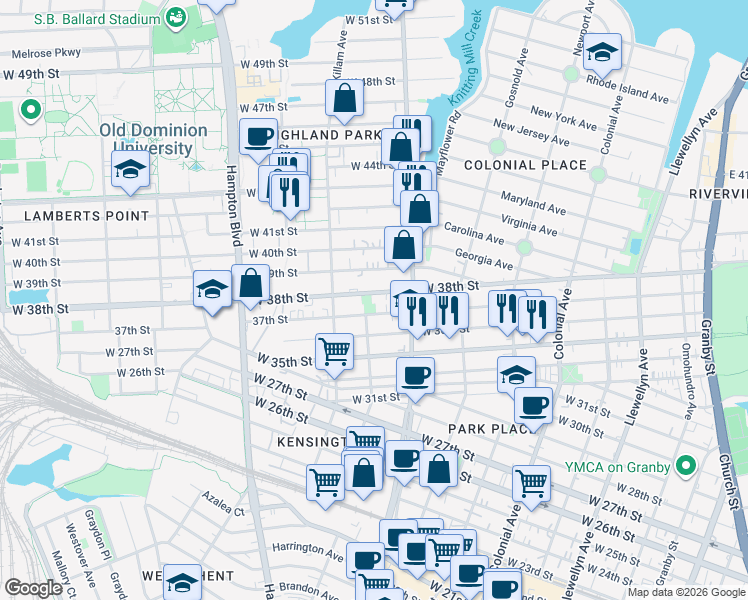 map of restaurants, bars, coffee shops, grocery stores, and more near 823 37th Street in Norfolk