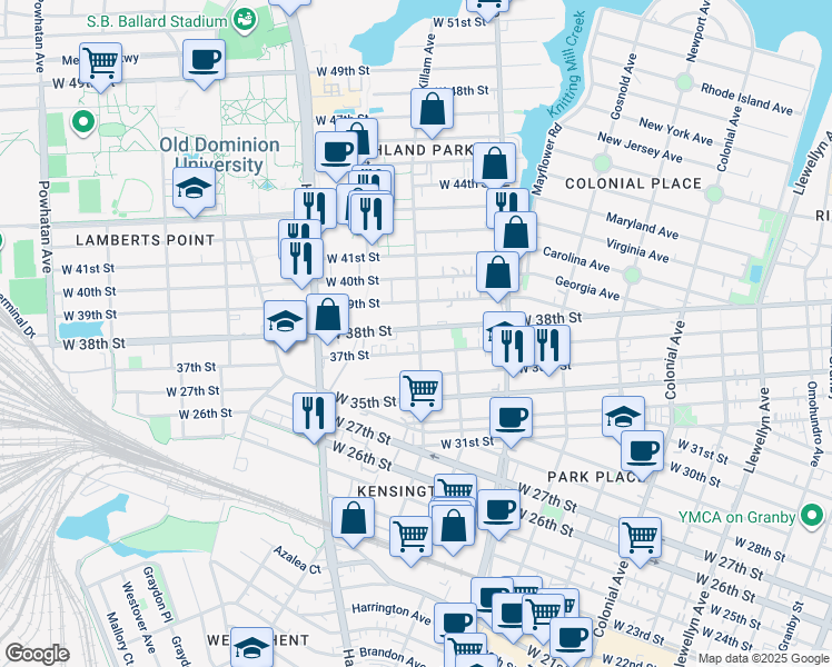 map of restaurants, bars, coffee shops, grocery stores, and more near 1015 37th Street in Norfolk