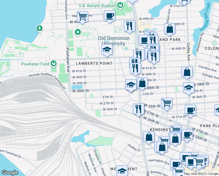 map of restaurants, bars, coffee shops, grocery stores, and more near 1318 37th Street in Norfolk