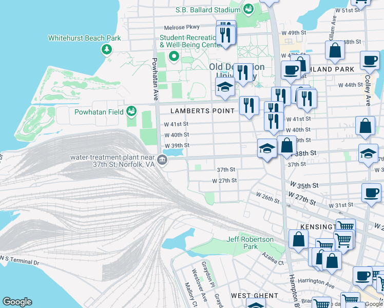 map of restaurants, bars, coffee shops, grocery stores, and more near 1437 West 38th Street in Norfolk