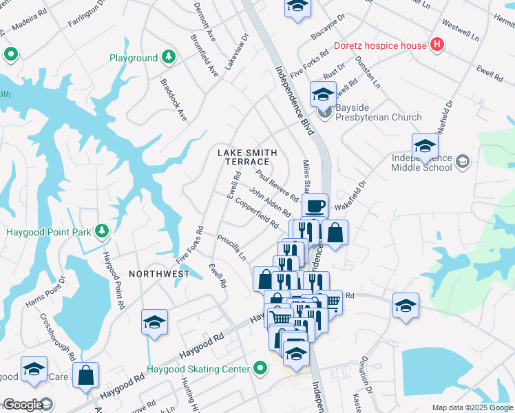 map of restaurants, bars, coffee shops, grocery stores, and more near 1045 Walt Whitman Way in Virginia Beach