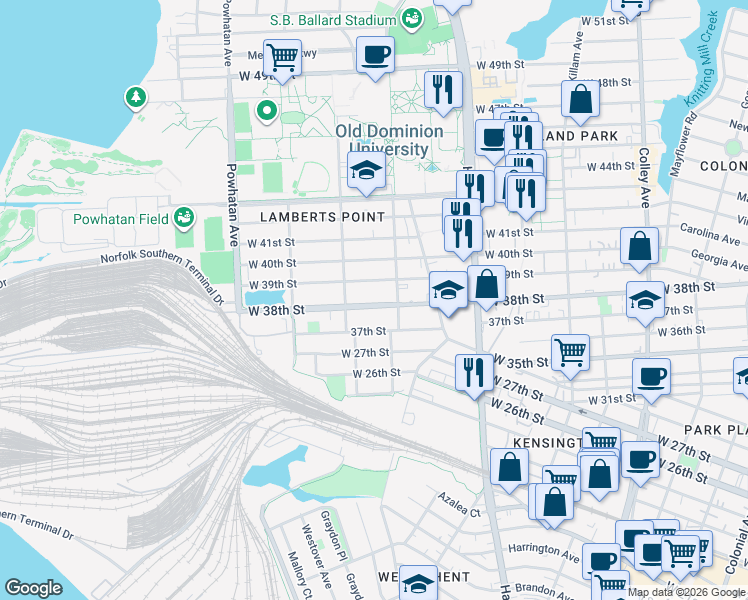 map of restaurants, bars, coffee shops, grocery stores, and more near 1318 37th Street in Norfolk