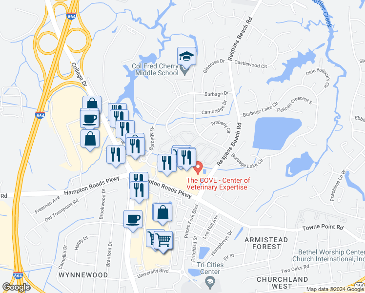 map of restaurants, bars, coffee shops, grocery stores, and more near 211 Blackstone Way in Suffolk