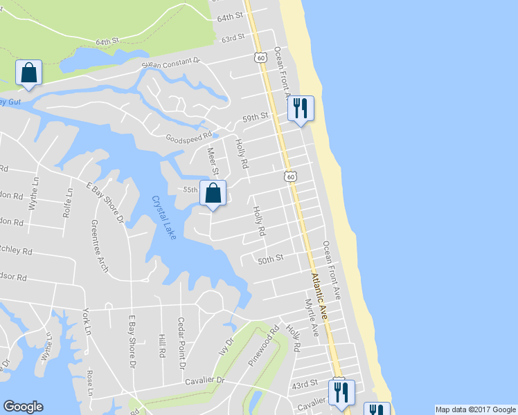 map of restaurants, bars, coffee shops, grocery stores, and more near 5301 Holly Road in Virginia Beach