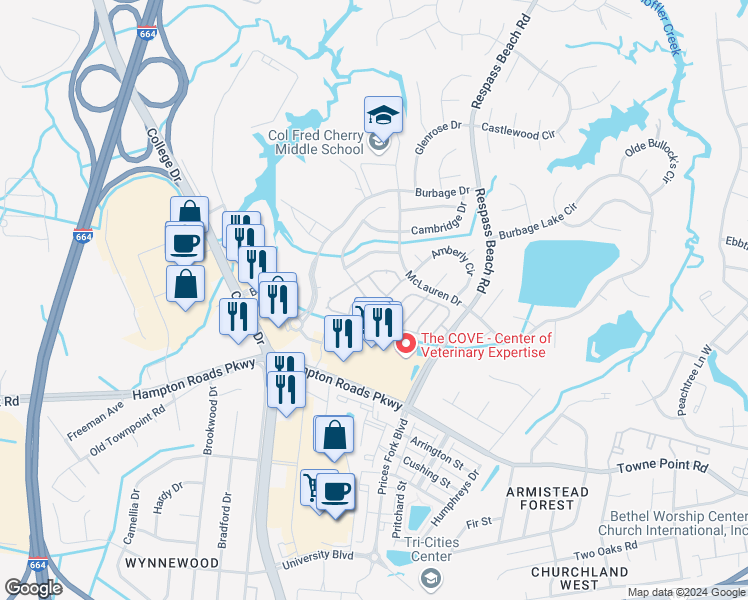 map of restaurants, bars, coffee shops, grocery stores, and more near 211 Blackstone Way in Suffolk