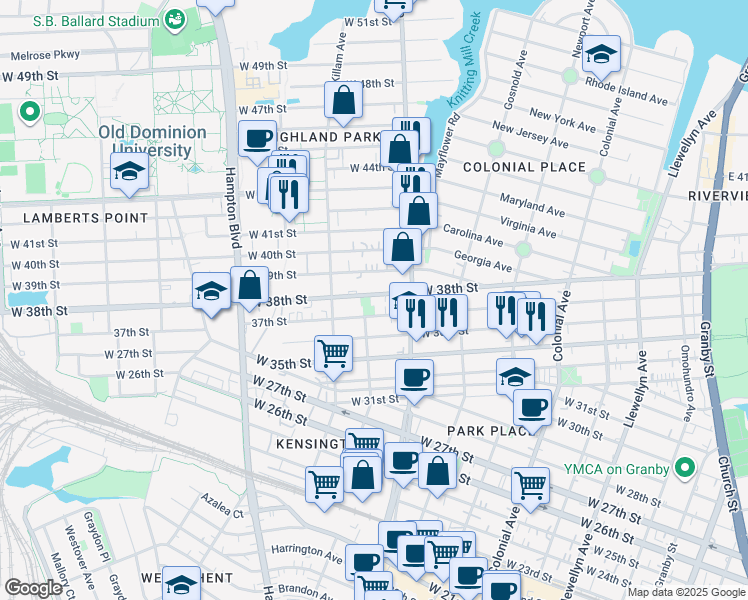 map of restaurants, bars, coffee shops, grocery stores, and more near 823 37th Street in Norfolk