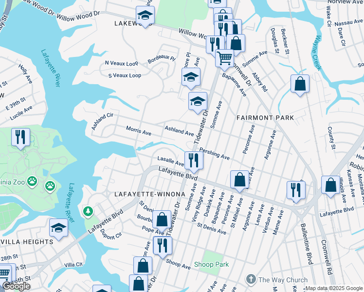 map of restaurants, bars, coffee shops, grocery stores, and more near 3331 Clark Circle in Norfolk