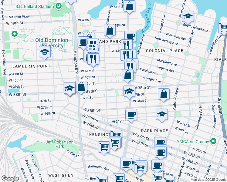 map of restaurants, bars, coffee shops, grocery stores, and more near 851 West 38th Street in Norfolk
