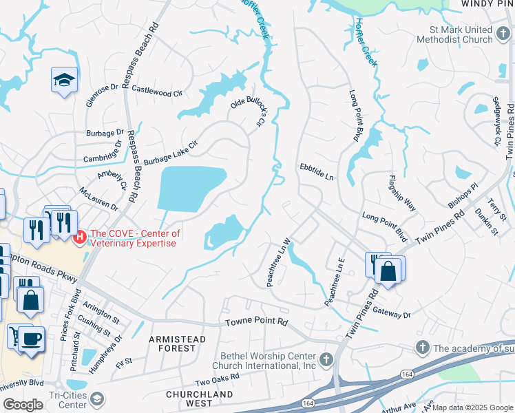 map of restaurants, bars, coffee shops, grocery stores, and more near 6816 Creekside Court in Suffolk