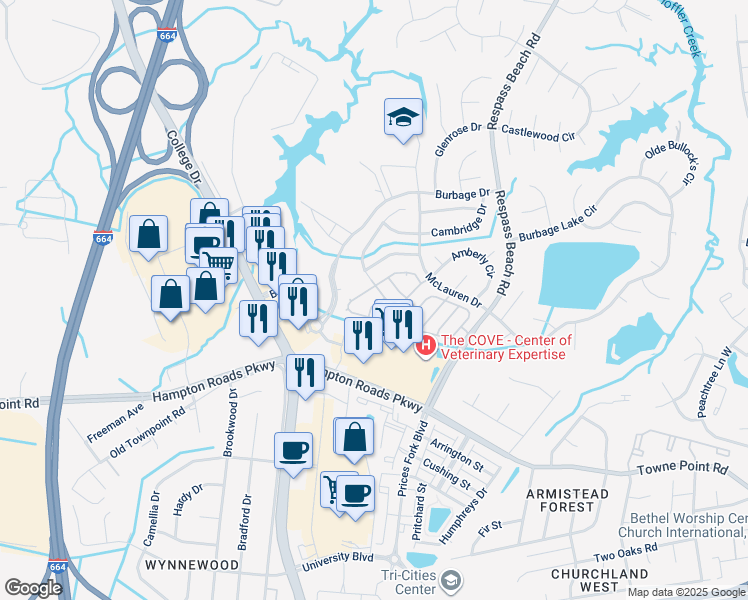 map of restaurants, bars, coffee shops, grocery stores, and more near 182 Graystone Trace in Suffolk