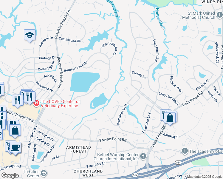 map of restaurants, bars, coffee shops, grocery stores, and more near 6816 Creekside Court in Suffolk