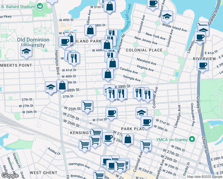 map of restaurants, bars, coffee shops, grocery stores, and more near 3808 Colley Avenue in Norfolk