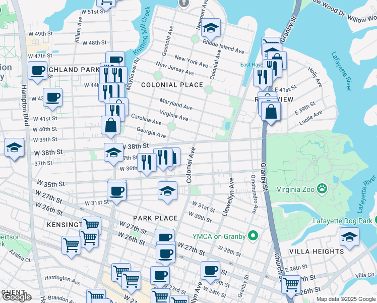 map of restaurants, bars, coffee shops, grocery stores, and more near 4001 Colonial Avenue in Norfolk