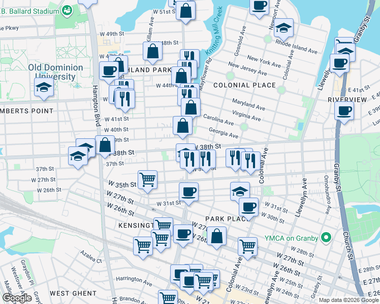 map of restaurants, bars, coffee shops, grocery stores, and more near 3808 Colley Avenue in Norfolk