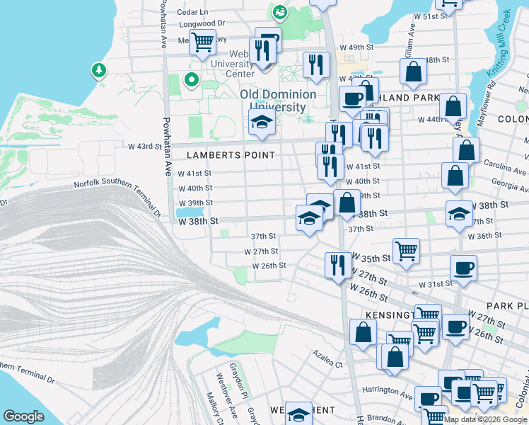 map of restaurants, bars, coffee shops, grocery stores, and more near 1320 West 39th Street in Norfolk