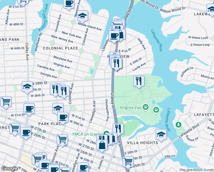 map of restaurants, bars, coffee shops, grocery stores, and more near 3721 Granby Street in Norfolk