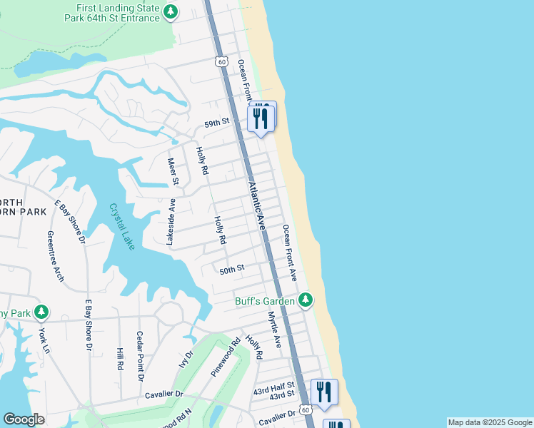 map of restaurants, bars, coffee shops, grocery stores, and more near 114 53rd Street in Virginia Beach