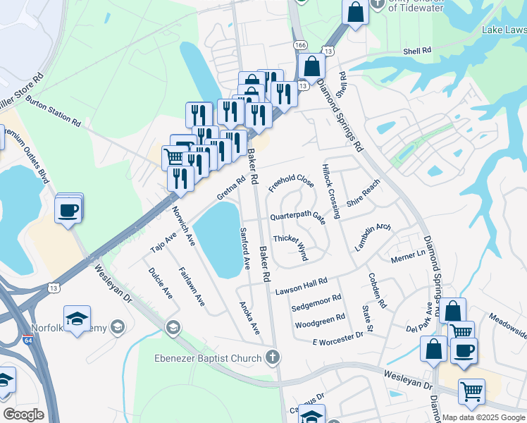 map of restaurants, bars, coffee shops, grocery stores, and more near 1105 Freehold Close in Virginia Beach