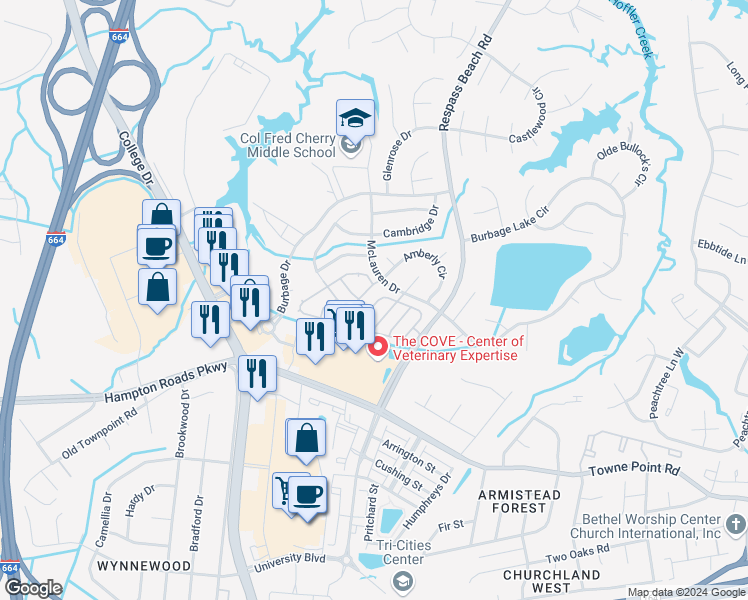 map of restaurants, bars, coffee shops, grocery stores, and more near 112 Stoney Ridge Avenue in Suffolk