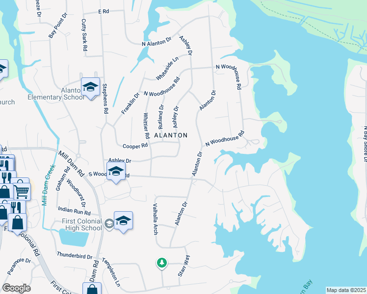 map of restaurants, bars, coffee shops, grocery stores, and more near 1408 Ashley Drive in Virginia Beach