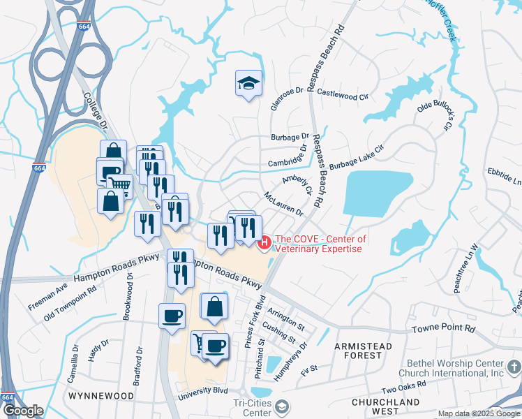 map of restaurants, bars, coffee shops, grocery stores, and more near 112 Stoney Ridge Avenue in Suffolk