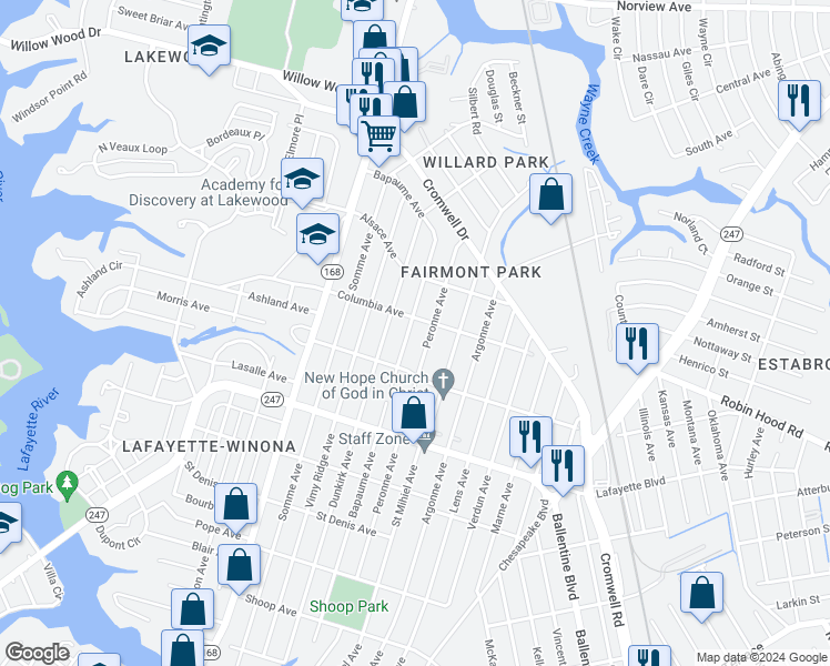 map of restaurants, bars, coffee shops, grocery stores, and more near 3314 Bapaume Avenue in Norfolk