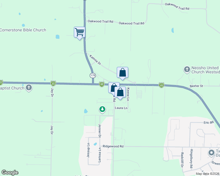 map of restaurants, bars, coffee shops, grocery stores, and more near 13000 Kodiak Road in Neosho