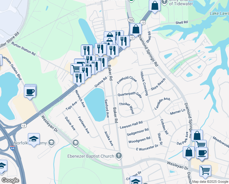 map of restaurants, bars, coffee shops, grocery stores, and more near 1105 Freehold Close in Virginia Beach