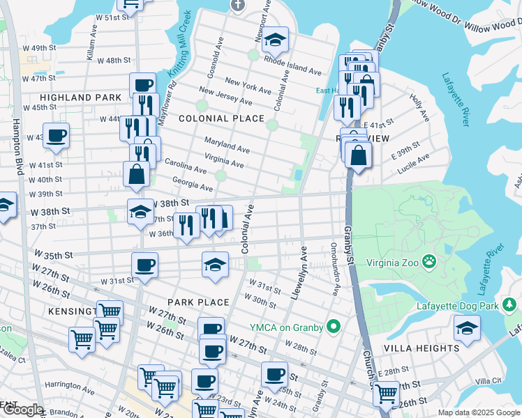 map of restaurants, bars, coffee shops, grocery stores, and more near 420 West 37th Street in Norfolk