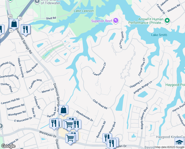 map of restaurants, bars, coffee shops, grocery stores, and more near 1140 Lawson Cove Circle in Virginia Beach