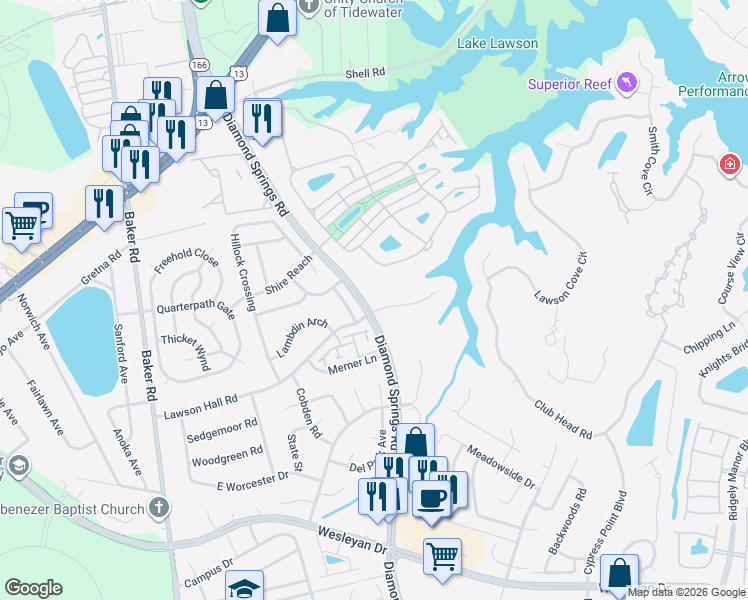 map of restaurants, bars, coffee shops, grocery stores, and more near 1094 Diamond Springs Road in Virginia Beach