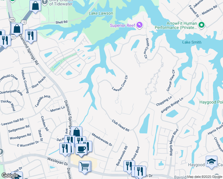 map of restaurants, bars, coffee shops, grocery stores, and more near 1140 Lawson Cove Circle in Virginia Beach