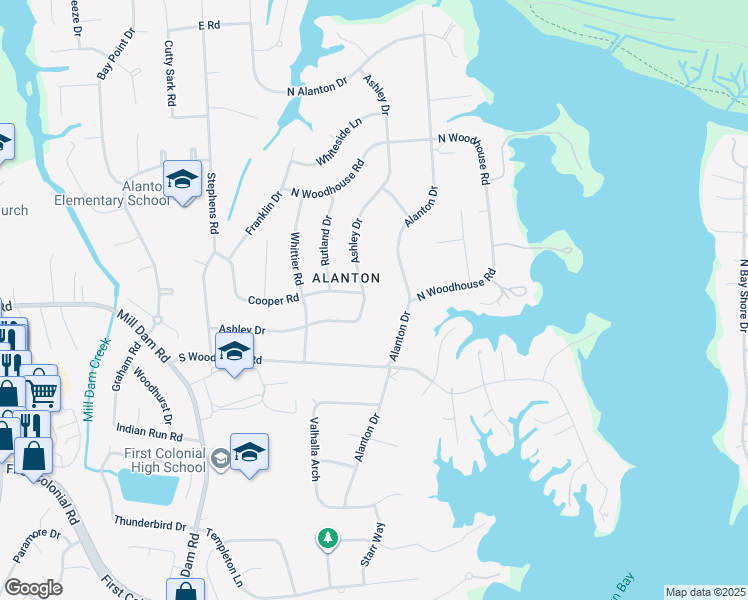 map of restaurants, bars, coffee shops, grocery stores, and more near 1408 Ashley Drive in Virginia Beach