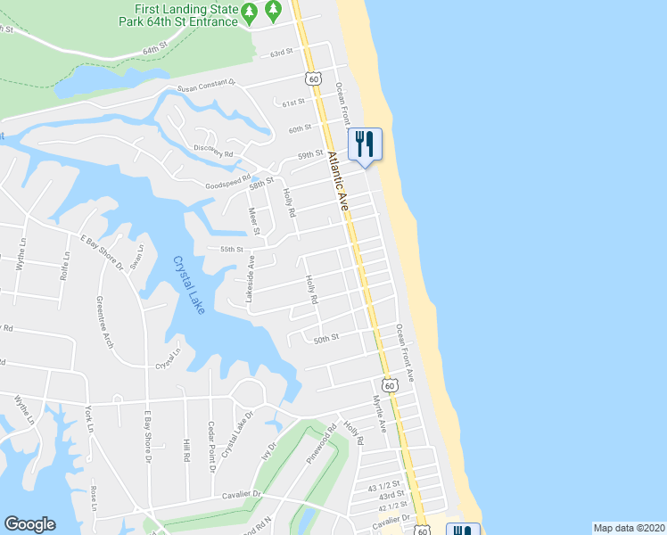 map of restaurants, bars, coffee shops, grocery stores, and more near 212B 54th Street in Virginia Beach