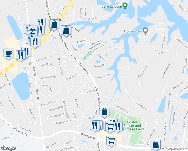 map of restaurants, bars, coffee shops, grocery stores, and more near 1094 Diamond Springs Road in Virginia Beach